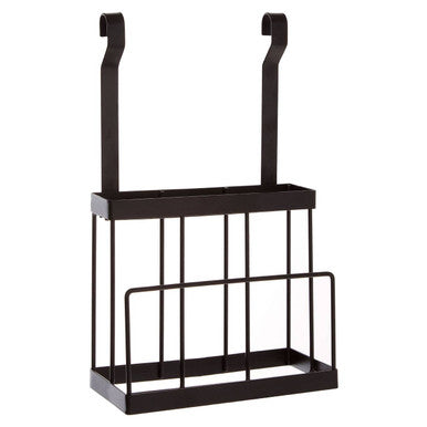Black metal wall-mounted magazine rack on a white background