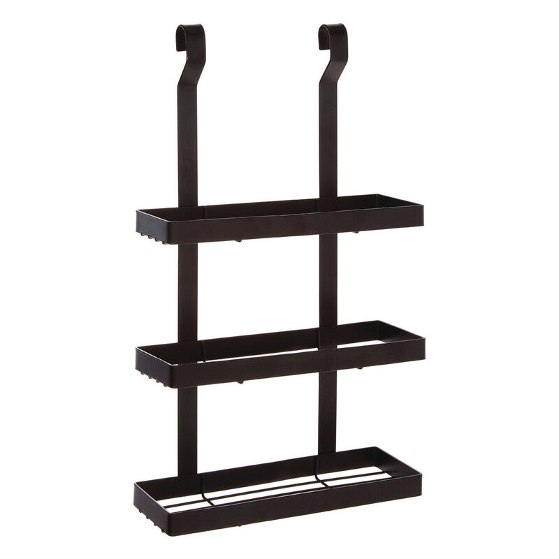 Black metal over-the-door shoe rack with three shelves on a white background