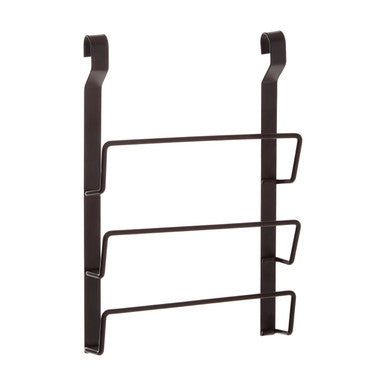 Black metal over-the-door shoe rack on a white background