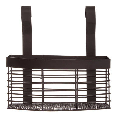 Black metal tool holder with straps on a white background