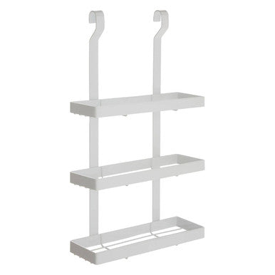 White over-the-door shoe rack with three shelves on a white background