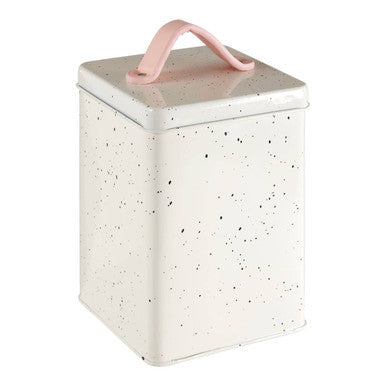 Speckled storage canister with a pink handle on a white background