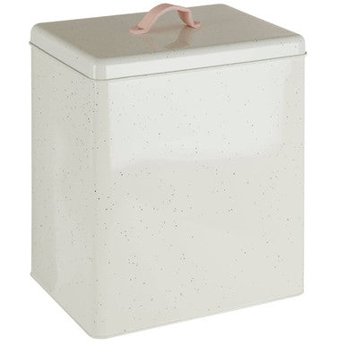 White textured storage box with a pink handle on a white background