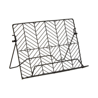 Black geometric-patterned stand on a white background