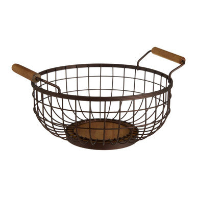 Wire basket with wooden handles on a white background