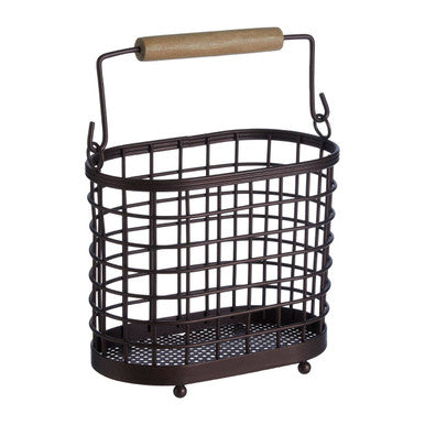 Metal basket with a wooden handle on a white background