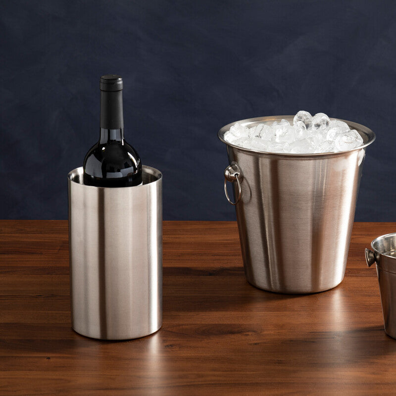 Stainless steel wine cooler with a bottle of red wine and an ice bucket on a wooden surface.