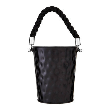 Black metal bucket with a braided handle on a white background
