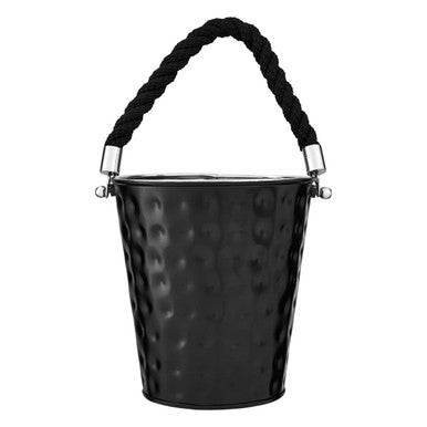 Black metal bucket with a rope handle on a white background
