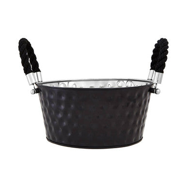 Black metal ice bucket with decorative handles on a white background