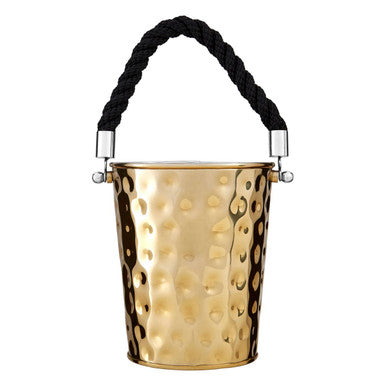 Gold metal bucket with black rope handle on a white background