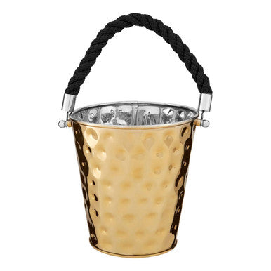 Gold ice bucket with black rope handle on a white background