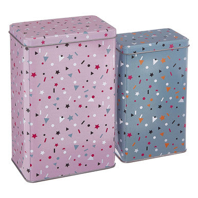 Two patterned metal storage boxes on a white background