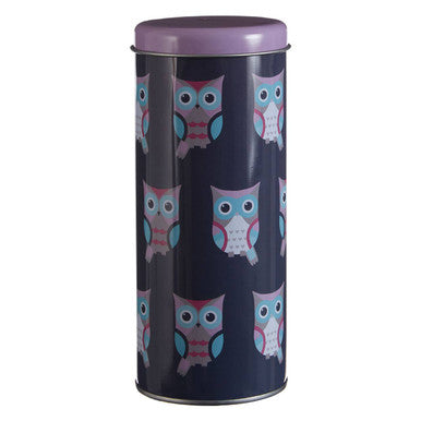 Tall cylindrical tin with owl pattern on a white background