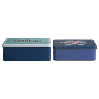 Two blue metal boxes with &