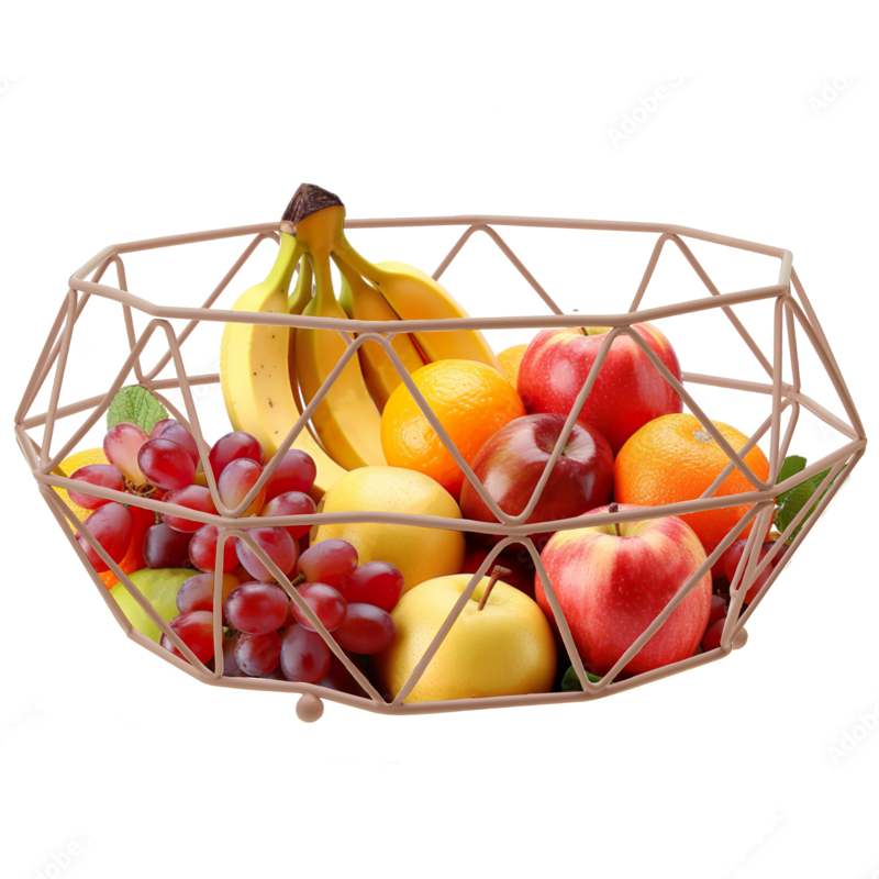 Geometric fruit basket with fruits including bananas, grapes, apples, and oranges on a white background