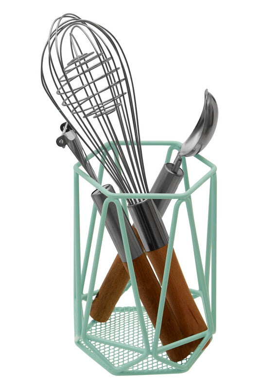 Kitchen utensil holder with whisk, spatula, and ladle on a white background