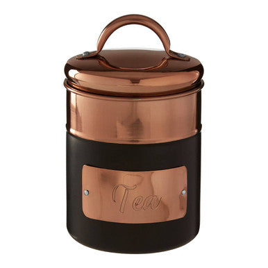 Copper and black tea canister on a white background