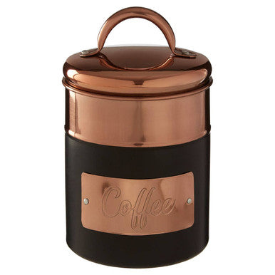 Copper and black coffee canister on a white background