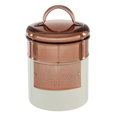 Coffee canister with rose gold lid and label on a white background