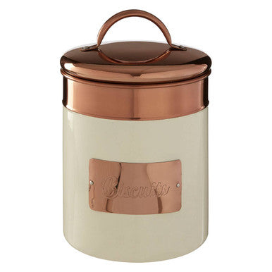 Cream-colored storage jar with a copper lid and handle on a white background