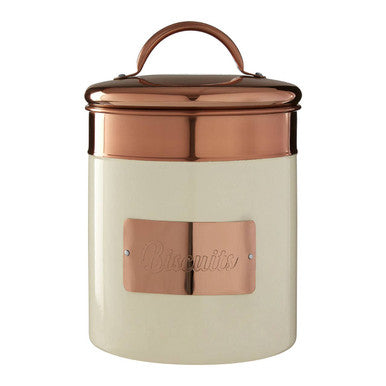 Cream-colored storage jar with a copper lid and decorative label on a white background