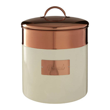 Copper and beige storage jar with a visible brand logo on a white background