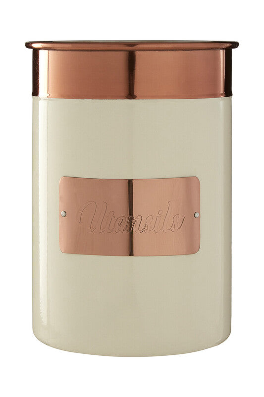Beige storage jar with copper lid and accents on a white background