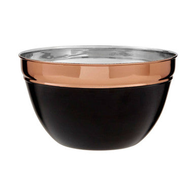 Black mixing bowl with copper rim on a white background