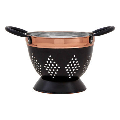 Black colander with copper interior on a white background