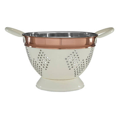 Colander with white base and rose gold rim on a white background