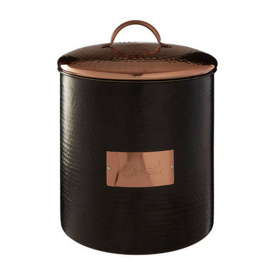 Black and copper kitchen canister on a white background