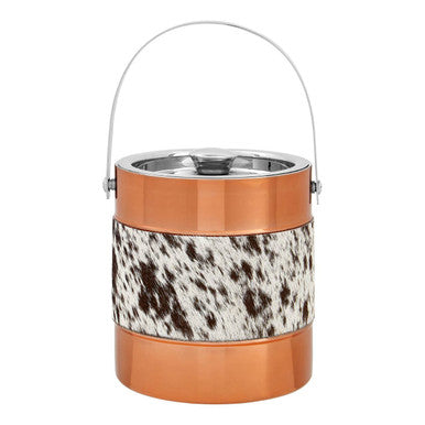Copper and cowhide patterned cooler with a handle on a white background