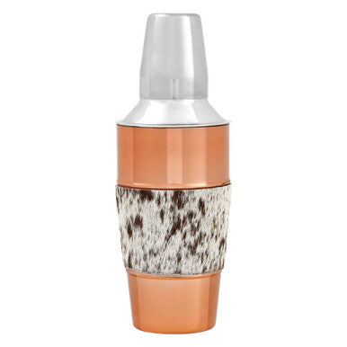 Cocktail shaker with copper and cowhide pattern on a white background