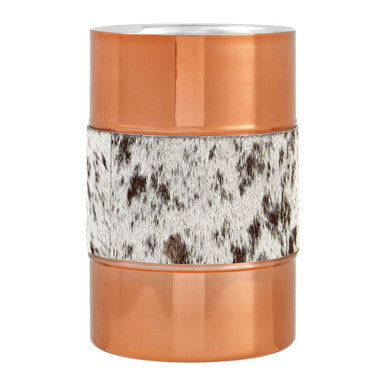 Cylindrical container with copper finish and cowhide pattern on a white background