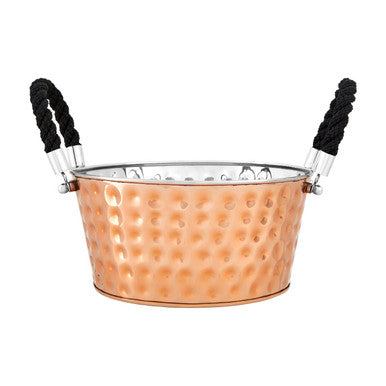 Copper ice bucket with black handles on a white background