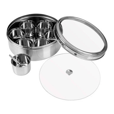 Stainless steel kitchen storage container with multiple compartments and a clear lid on a white background
