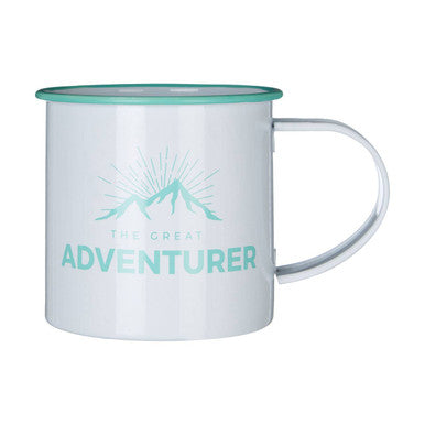 White mug with teal rim and handle, featuring &