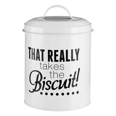 White cookie jar with black text on a white background