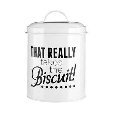White cookie jar with black text on a white background
