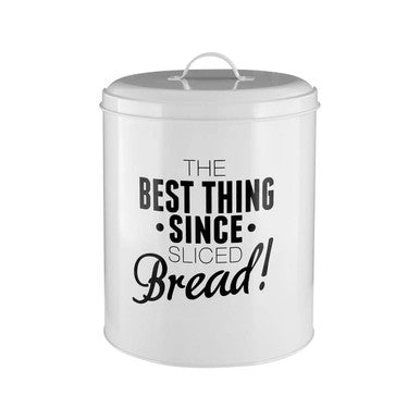 White bread bin with black text on a white background