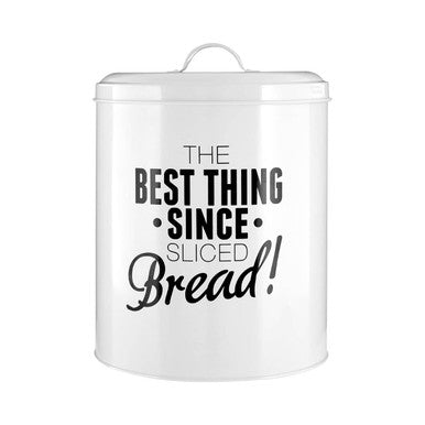 White bread bin with black text on a white background