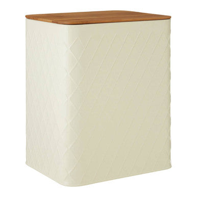 Rectangular storage bin with a wooden top on a white background