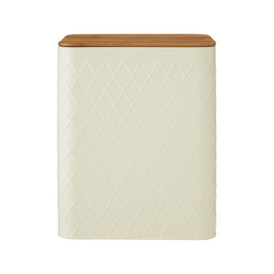 Rectangular beige storage bin with a wooden lid on a white background