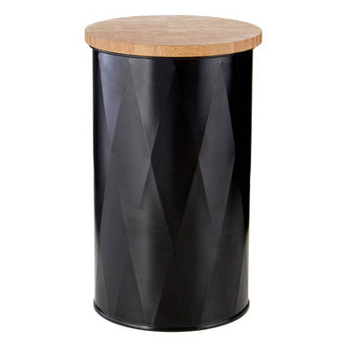 Black cylindrical stool with a wooden top on a white background