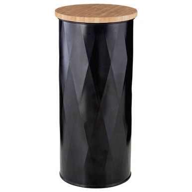 Black cylindrical stool with a wooden top on a white background