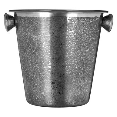 Silver ice bucket with speckled texture on a white background
