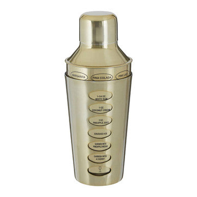 Gold cocktail shaker with measurement markings on a white background