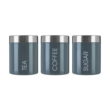 Set of three gray canisters labeled &