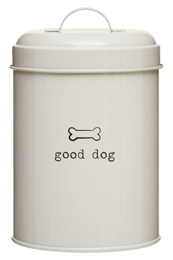 Beige metal dog food container with &